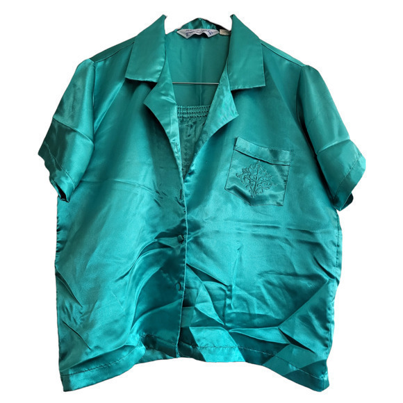 Vintage Private Touch Teal Green Blue Silky Shimmery Short Set Pajamas Sleepwear - Picture 1 of 12
